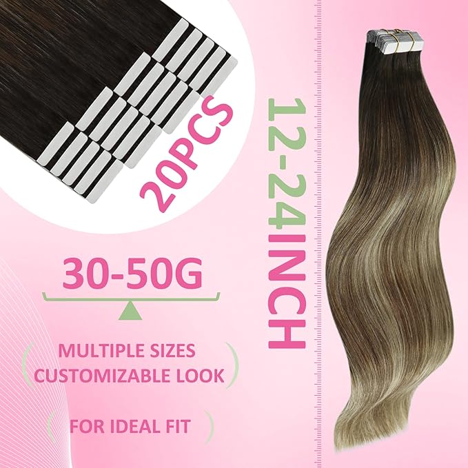 YoungSee Tape in Hair Extensions Real Human Hair Brown Balayage Tape in Hair Extensions Human Hair Dark Brown Ombre Blonde Tape-on Hair Extension Seamless Tapein Hair Extensions 50g 20pcs 18In
