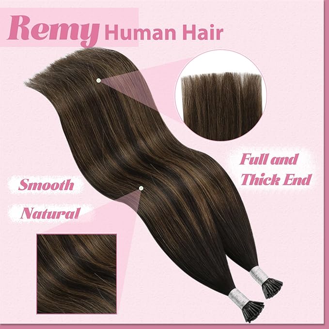 YoungSee I Tips Hair Extensions Human Hair Brown Itip Hair Extensions Balayage Dark Brown Itips Hair Extension Real Human Hair 20 Inch Ombre Real Hair Extension for Women 50g 50s
