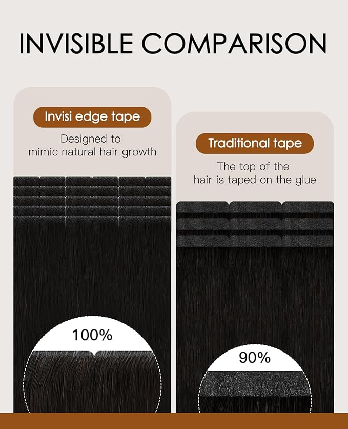 VINBAO Invisible Hair Extensions Tape in Invisi Edge, Off Black 45g 20pcs 16in Injected Tape in Extensions Human Hair Hand-Tied Pro Quality Seamless 16inch #1B