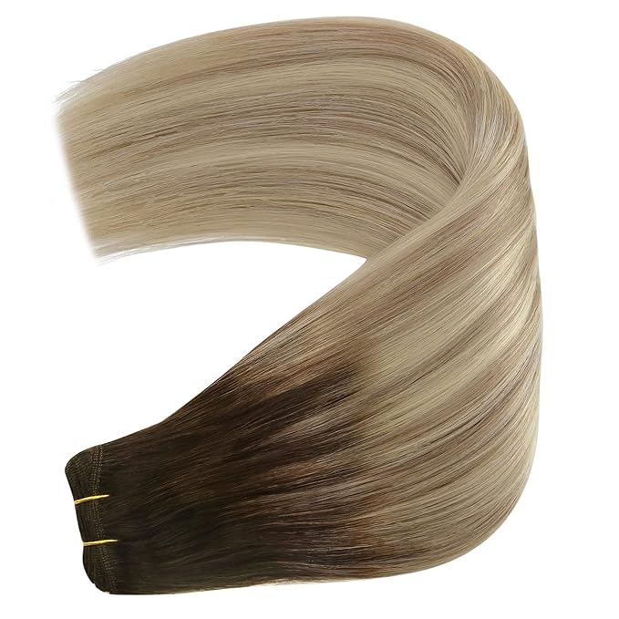YoungSee Sew in Hair Extensions Real Human Hair Brown to Blonde Hair Extensions Weft Brown Ombre Golden Blond Mix Platinum Blonde Human Hair Weft Extensions Soft Remy Hair 18In 100G