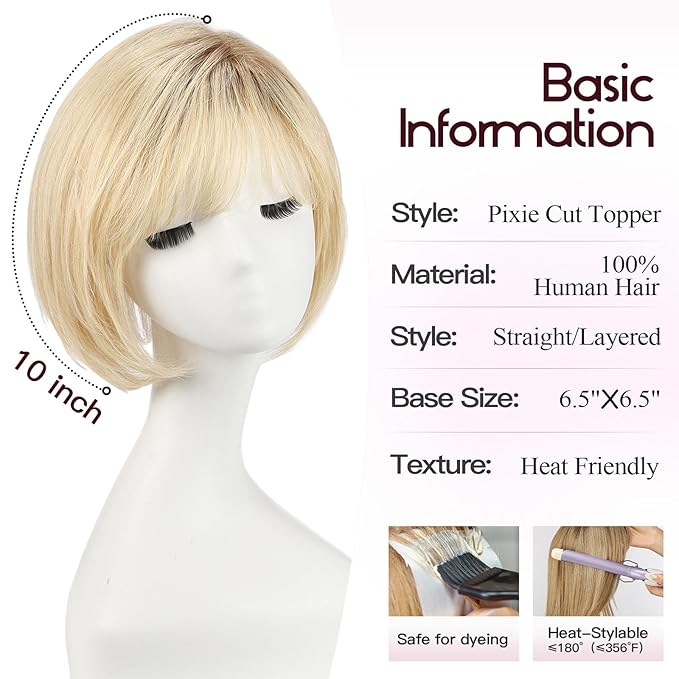 EMMOR Human Hair Toppers for Women Short Bob Real Hair with Bangs 10" Side Part Hairpieces for Women with Thin Hair 6.5" × 6.5" Larger Base Human Wig Toppers(Ombre Light Blonde)