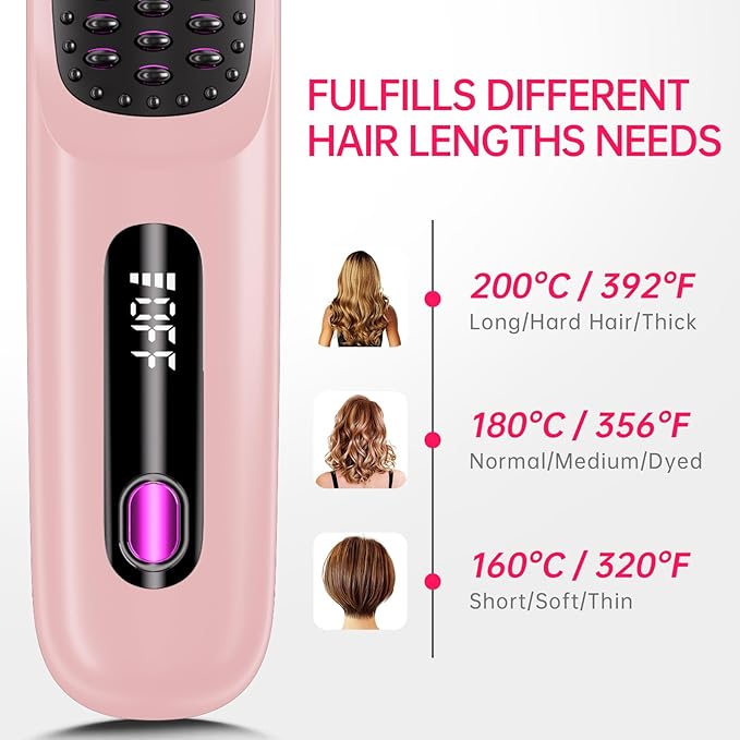 Cordless Hair Straightener Brush for Travel, 200 Million Negative Ionic Portable Hair Straightener Comb for Women with LED Display & 3 Temps, 30s Fast Heating USB Charging Smooth Frizz(Pink
