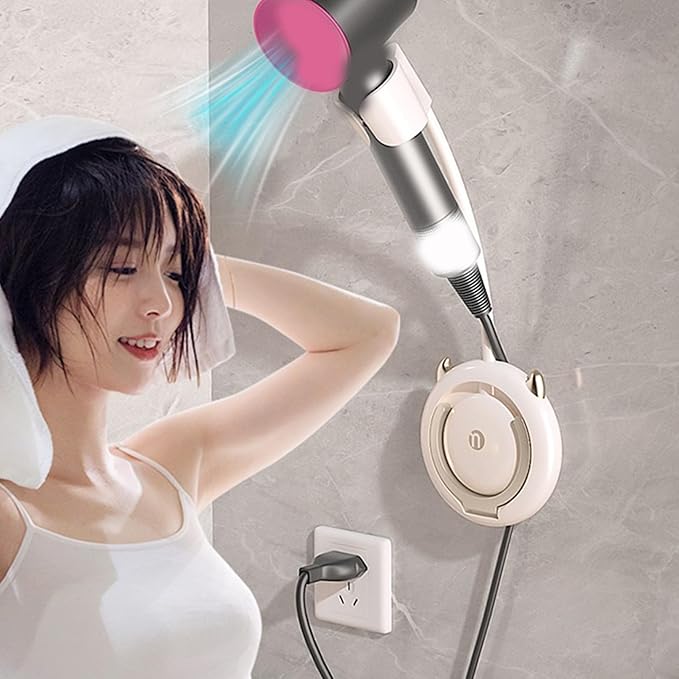 Blow Dryer Holder Wall Mounted 5x13.2 Inch Plastic Hair Dryer Stand Hands Free with Bendable Neck Blow Dryer Stand with Hooks & Foldable Bracket for Bathroom Organization Wall Mounted Hair Dryer Blow