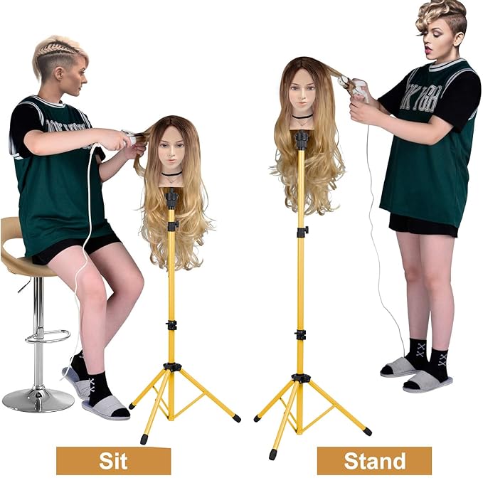 Klvied Reinforced Wig Head Stand, Adjustable Wig Stand tripod for Cosmetology Hairdressing, Metal Mannequin Head Stand for Styling,Golden Yellow(Mannequin Head Not Included)