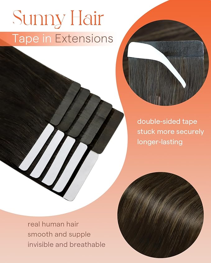 Sunny Hair Tape in Hair Extensions Real Human Hair Invisible Remy Hair Extensions Tape ins for Women Darkest Brown Ombre Medium Brown Balayage 22 inch 25G