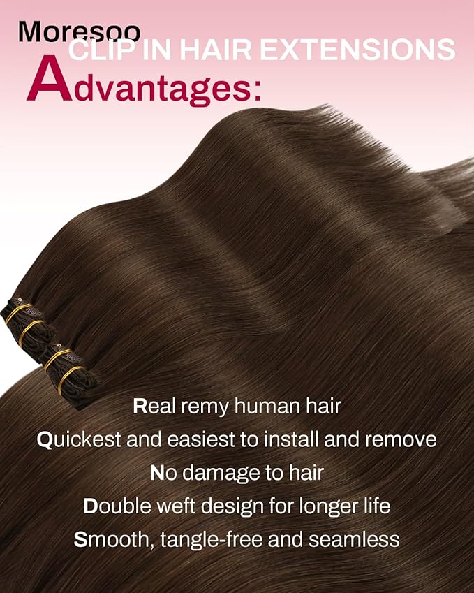 Moresoo Medium Brown Seamless Pu Clip in Hair Extensions Human Hair Brown Straight for Remy Human Hair Clip in Extensions Pure Weft Invisible for Women Daily 120grams 7pcs 18in