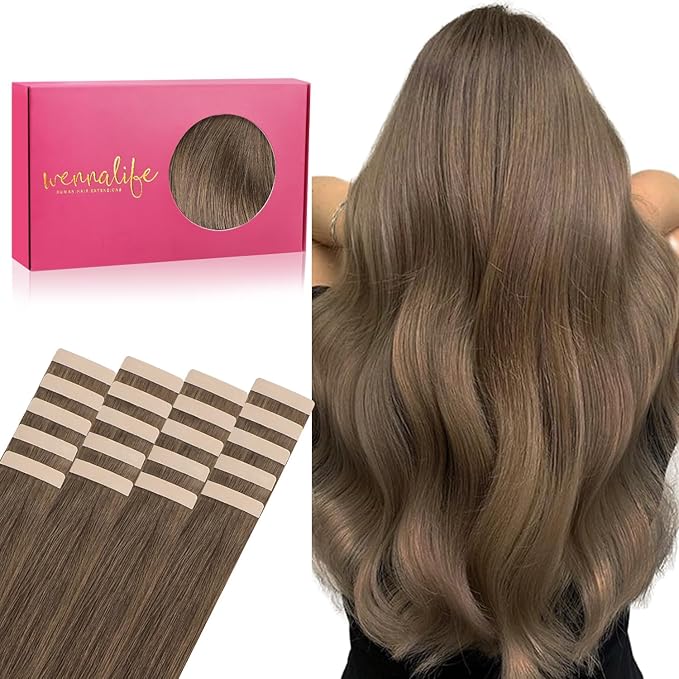 WENNALIFE Tape in Hair Extensions Human Hair, 20pcs 50g 20 inch Light Ash Brown Remy Hair Extensions Straight Human Hair Tape in Extensions Skin Weft Tape Extensions Human Hair