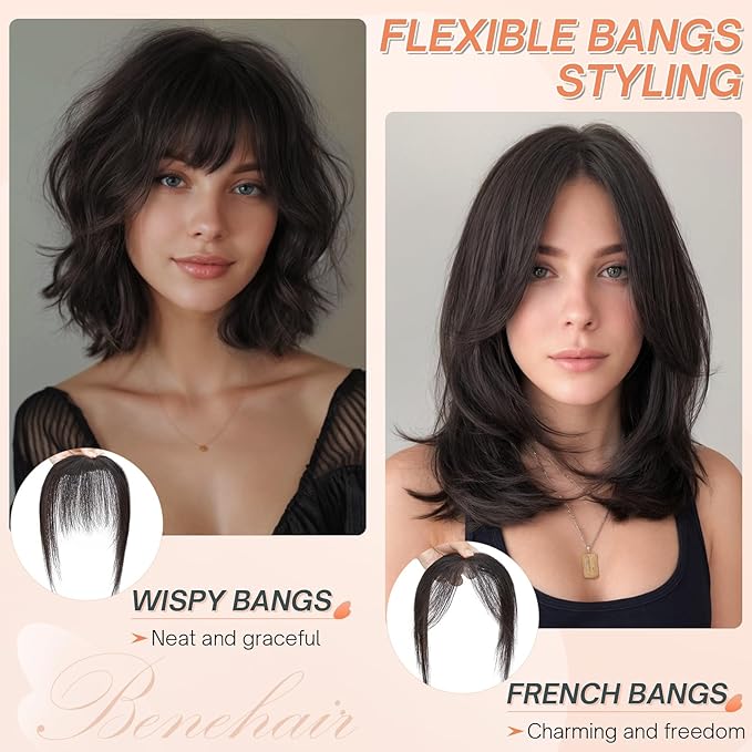 Benehair Clip on Bangs for Women Human Hair, Fake Bangs Human hair, French Bangs Clip in Hair Extensions Hair Pieces with Temples for Daily Wear (Dark Brown)