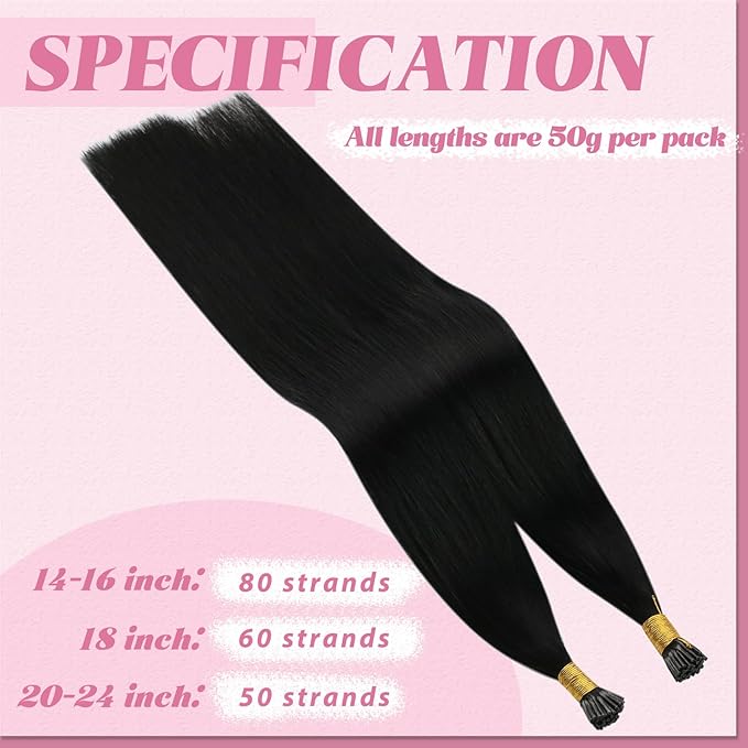 YoungSee 26 Inch I Tip Hair Extensions Human Hair Black Itip Extensions Black I Tip Hair Extension Real Human Hair Jet Black 50s 50g