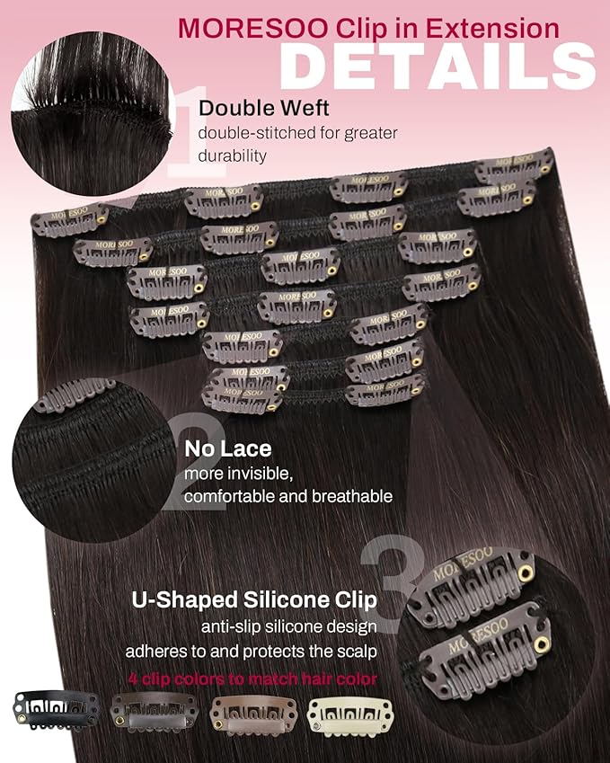 Moresoo Brown Clip in Hair Extensions Dark Brown Hair Extensions Clip ins Real Human Hair Thick 135g/7pcs Full Head 16 inch