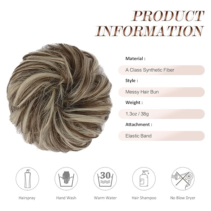 FESHFEN Messy Bun Hair Piece - Elastic Wavy Curly Hair Bun Scrunchies Extensions Synthetic Chignon Hairpieces for Women Girls, Golden Brown & Bleach Blonde 1.5 oz