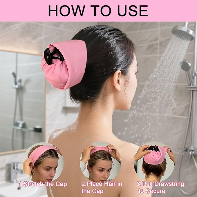 Waterproof Hair Sleeve for Long Hair, Crown Washing Shower Cap Ponytail, Reusable Adjustable, Quick Root Refresh for Shower Gym Travel Pool Beach, Time Saver (Pink, 2PC)