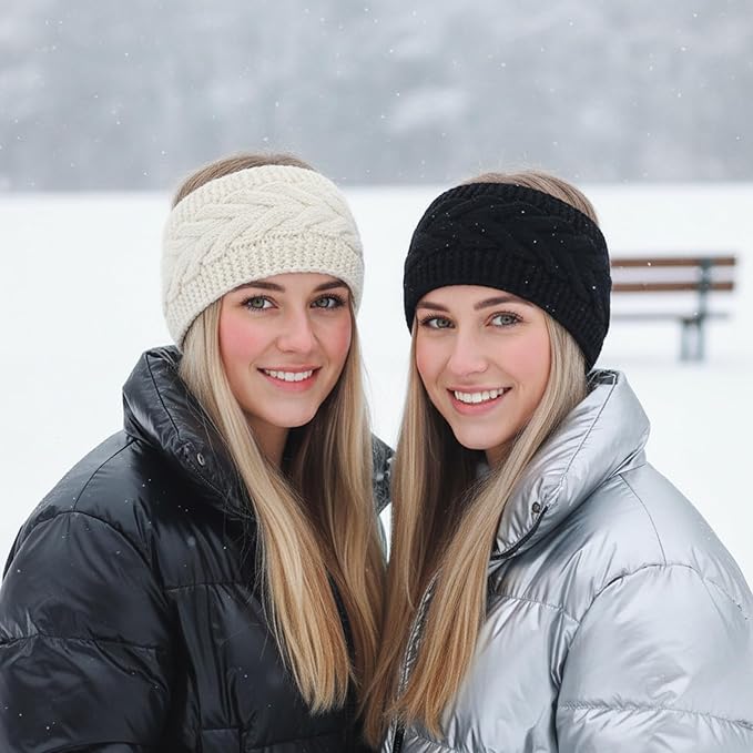 2Pcs Winter Headbands for Women, Soft Fuzzy Fleece Lined Ear Muffs for Winter Women, Cable Knit Ear Warmer Headband Christmas Stocking Stuffers Gifts