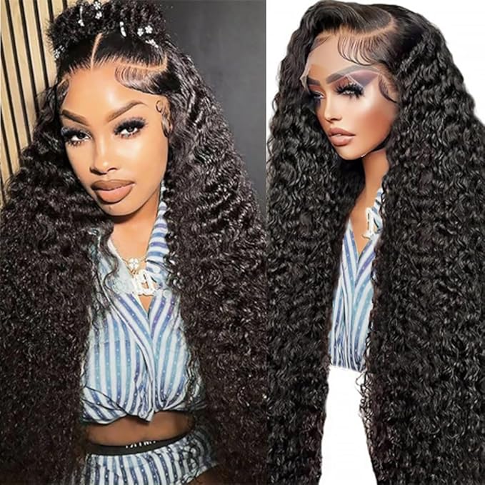 SOSATISFY 13x6 HD Transparent Lace Frontal Wigs Human Hair Deep Wave Wig 13x6 Lace Front Wigs Human Hair Pre Plucked 200 Density Curly Wigs for Black Women Natural Hairline Natural Color 24 Inch