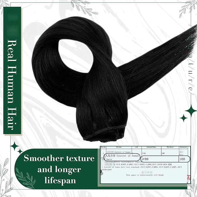 RUNATURE Black Clip in Hair Extensions, Real Hair Extensions Clip Ins, Long Human Hair Clip in Extensions, Remy Soft Hair, Natural Looking, 20 Inch 50g 3pcs #1B Off Black