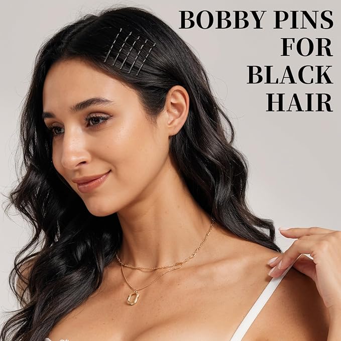 YGDZ 750PCS Bobby Pins Black Kit, 250 Hair Pins for Women, 2 Inch Wave Bobby Pins for Black Hair, 500 Clear Elastic Hair Ties, Bulk Hair Pin for Buns, Hair Accessories for Women, Kids, Girls