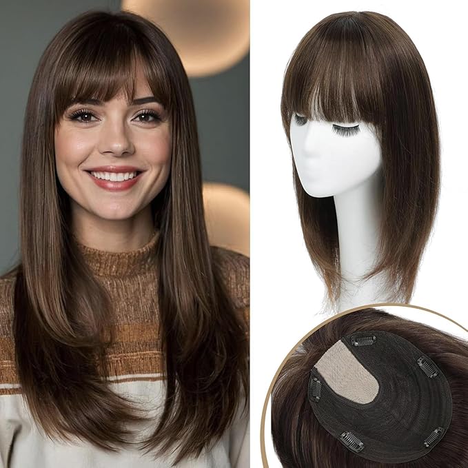 YAMI Hair Toppers for Women Real Human Hair Topper with Bangs Skin Scalp Hairpieces for Women with Thinning Hair Cover Hairloss (Medium Brown,15inch)