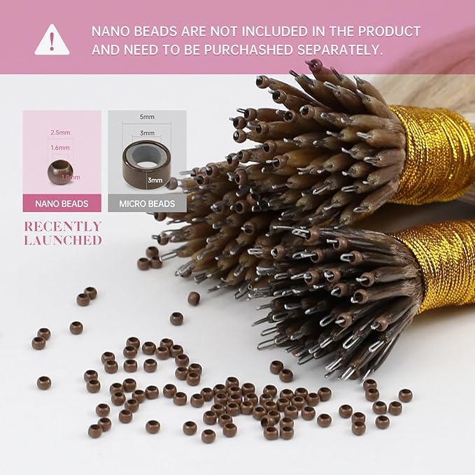 YoungSee Nano Beads Hair Extensions Balayage Nano Ring Hair Extensions Human Hair Light Brown Ombre Platinum Blonde Nano Extension Human Hair 20 Inch 50g 50s for School