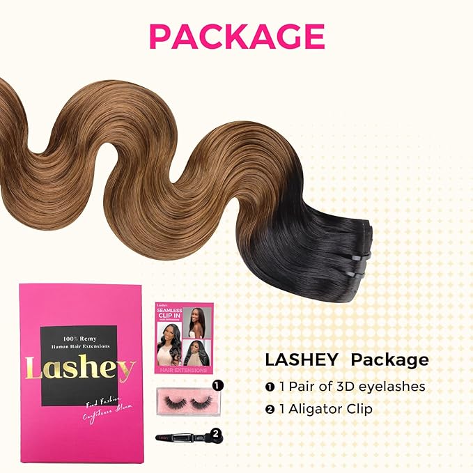 Lashey Seamless Clip in Hair Extensions Human Hair Ombre Natural Black to Medium Auburn 110g 7pcs 22 Inch Clip in Hair Extensions for Women Body Wave Remy Human Hair Extensions