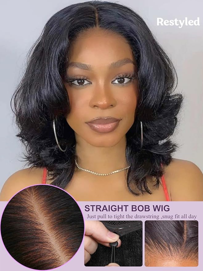 YIROO Bye Bye Knots 7x5 Lace Straight Bob Wig Glueless Human Hair Wig with Elastic Drawstring,Pre Plucked Pre Cut Short Bob Lace Closure Wig Wear and Go Natural Color 150% Density 14Inch