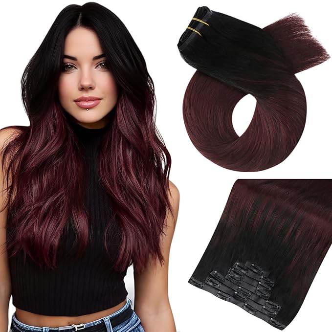 Moresoo Seamless Clip in Hair Extensions Ombre Black to Burgundy Seamless Hair Extensions Clip ins Human Hair Balayage Black to Red Wine PU Weft Human Hair Clip in Extensions 7pcs 120g 18inch