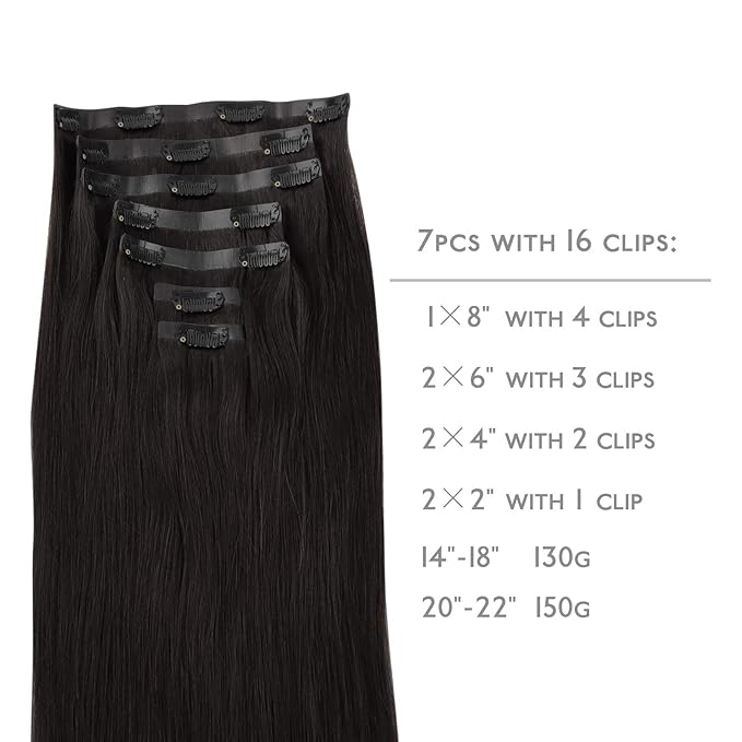 WENNALIFE Seamless Clip In Hair Extensions, 20 Inch 150g 7pcs Natural Black Hair Extensions Clip in Human Hair Invisible PU Skin Weft Natural Remy Human Hair Extensions