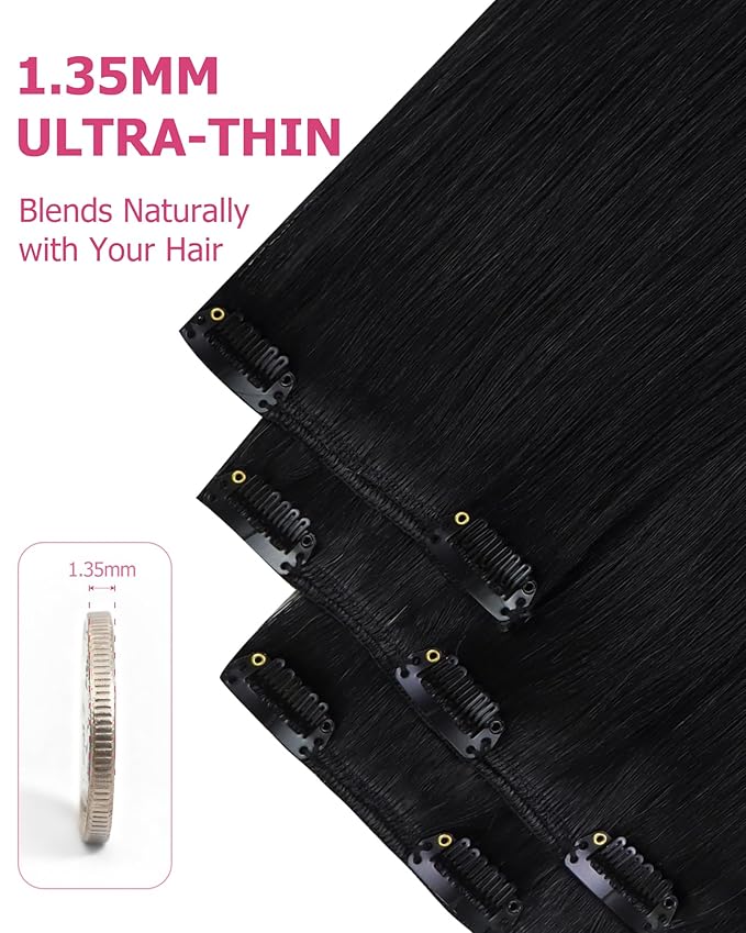 YoungSee 150G Human Hair Clip in Extensions Jet Black Clip in Human Hair Extensions Jet Black Clip on Hair Extension Real Hair Full Head Long Hair Extension Clip ins for Women 22Inch 7Pcs