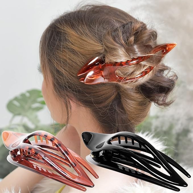 RC ROCHE 2 Pcs Flat Hair Clips Big Claw for Thick Hair French Duckbill Women No Slip Side Slide Curved Alligator Concord Strong Grip Hold Volume Lay Down Clamp, Medium Black & Brown