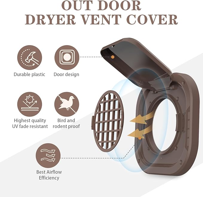 Dryer Vent Cover Outside 4 inch, Magnetic Door Design, Durable Airflow Vent with Lint Trap Screen, Thickened Material, 7 inch x 7 inch Size, Brown