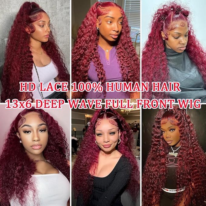 36 Inch 13x6 Deep Wave Burgundy Lace Front Curly Red Frontal Wigs Human Hair For Women Red Deep Wave Human Hair 200 Density Burgundy HD Lace Front Wigs Pre Plucked
