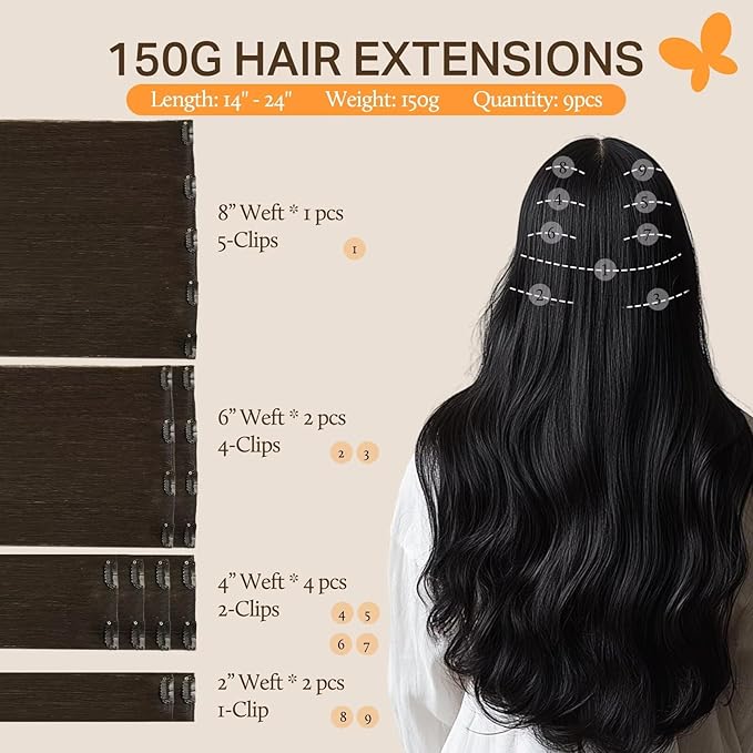 DOORES Clip in Human Hair Extensions, Dark Brown 150g 9pcs 14 Inch, Real Remy Straight Thick Hair