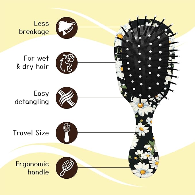 Mini Hair Brush,Cute Detangling Travel Hair Brush,Soft Bristles for Effortless Tangle Removal,Detangler Hairbrush for Women Men Boys Girls Kids Wet Dry All Hair Types (White Daisy, Mini)