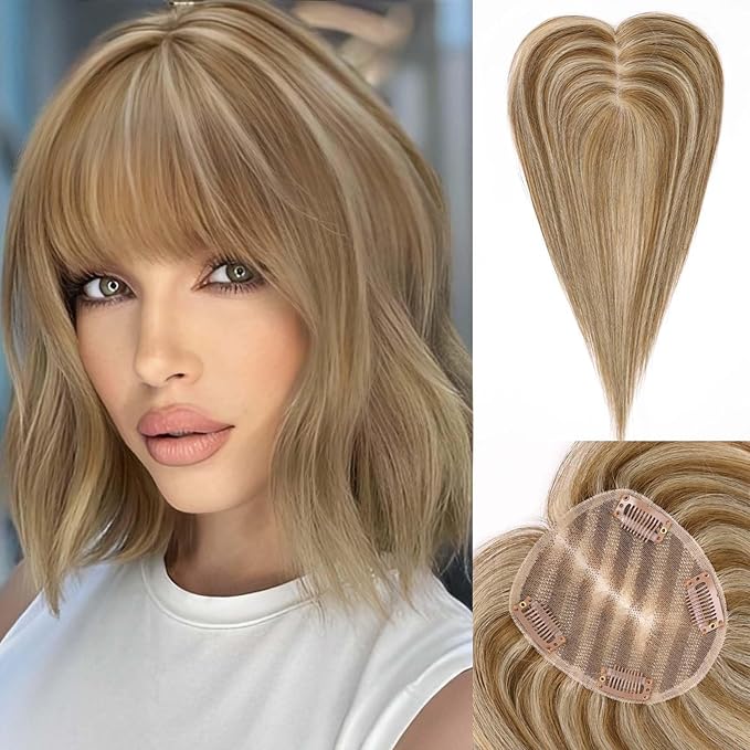 starluck Hair Toppers for Women Real Human Hair With Bangs, 100% Remy HumanHair Toppers for Women Hand-woven with Thinning,Cover Gray Roots,Adds Volume,Mixed Blonde And Brown