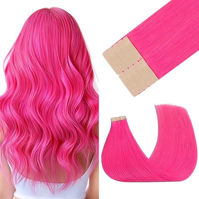 GOO GOO Tape in Hair Extensions Human Hair, Pink, 16inch 25g 10pcs, Colored Tape ins Human Hair Extensions, Silky&Soft Invisible Tape Ins, Hair Highlighted for Party