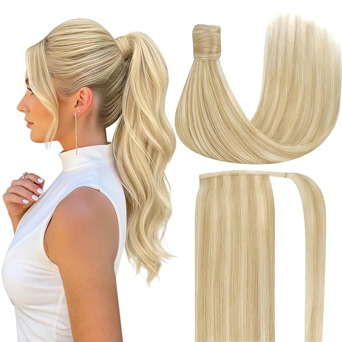 Ve Sunny Hair Extensions Ponytail Real Human Hair 80G Wrap Around Clip in Ponytail Hair Extensions Straight Extensions Human Hair for Women Strawberry Honey Blonde Highlights Bleach Blonde 14inch