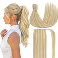 Ve Sunny Hair Extensions Ponytail Real Human Hair Wrap Around Clip in Ponytail Hair Extensions Straight Extensions Human Hair for Women Strawberry Honey Blonde Highlights Bleach Blonde 16inch 80G