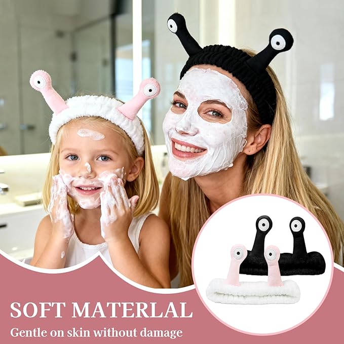 Snail Face Wash Headband Skincare & Wrist Bands for Washing Face Set Cute Spa Headband for Women and Wrist Faces Wash Bands for Shower, Facial Cleaning, Soft Coral Fleece Makeup Headbands,Black&White