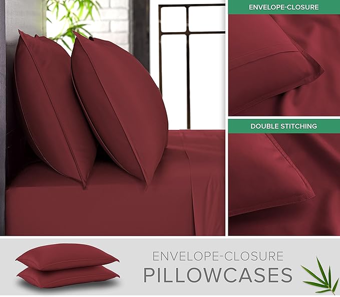 Queen Pillowcases by Pure Bamboo, Genuine 100% Organic Viscose Derived from Bamboo, Luxuriously Soft & Cooling, Double Stitching, Envelope Closure (2 Queen Pillowcases, Merlot)