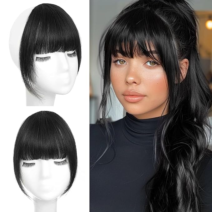 BOGSEA Clip in Bangs 100% Human Hair Bangs with Temples Bangs Hairpieces for Women Clip in Fake Bangs for Daily Wear (Natural Black, French Bangs)