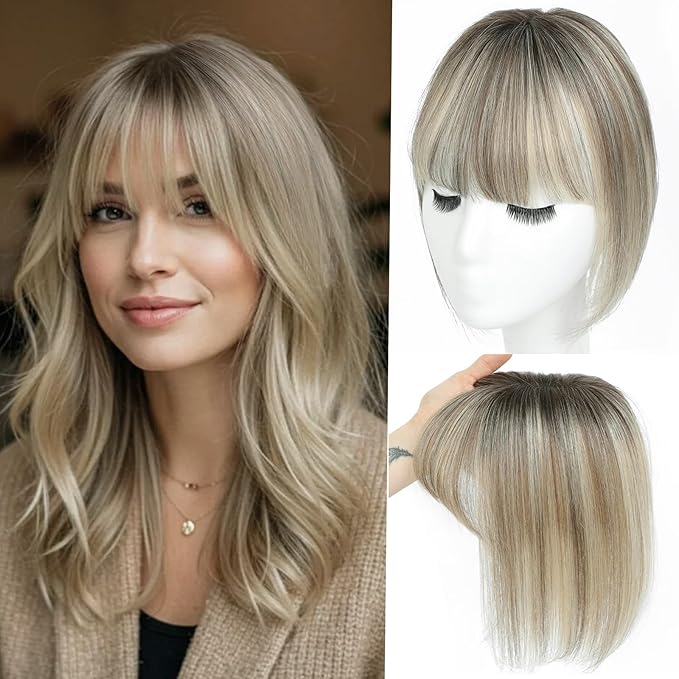 100% Real Human Hair Topper for Women Human Hair Pieces for Women 10 inch Ombre Light Brown with Blond Highlight Hair Hoppers with Bangs Swiss Base Clip in Bangs for Thinning Hair2T613