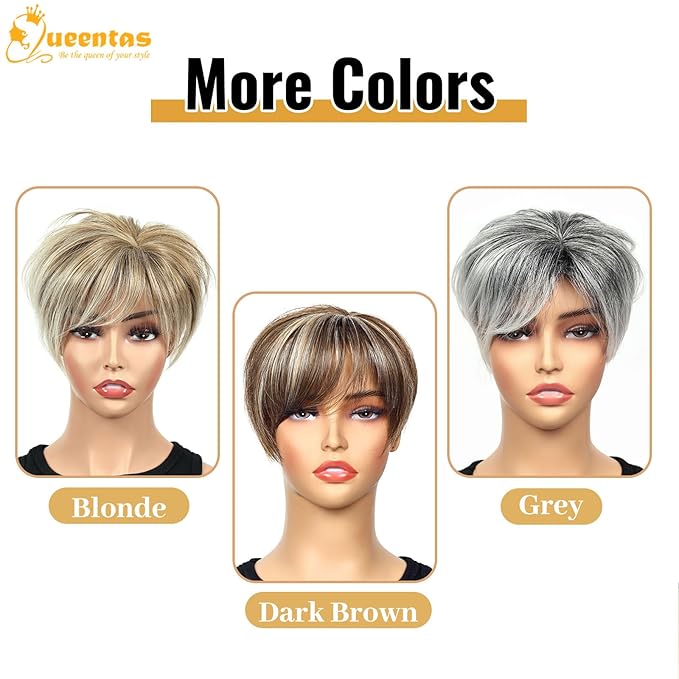 QUEENTAS Short Hair Topper for Women with Thinning Hair Daily Wear 360°3D Cover Up 6.5"*6" Fluffy Hair Pieces with Bangs(Black Mixed Grey)