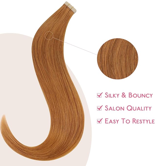 WENNALIFE Tape in Hair Extensions Human Hair Auburn Ginger Tape in Extensions, 10pcs 30g 22 inch Remy Invisible Tape Ins Straight Colored Soft Real Human Hair Tape in Extensions Refill Set Extensions