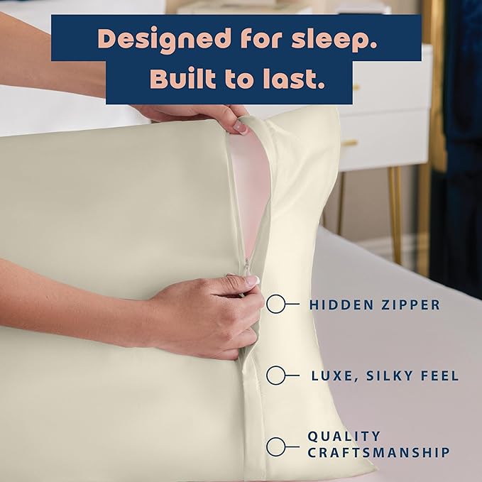 BLISSFORD Satin Pillowcase with Zipper, for Hair and Skin Care, Feels Soft and Cool Like a Silk Pillowcase, Satin Pillow Cases 2 Pack, Slik Pillow Cover, Ivory - Standard Size, Set of 2