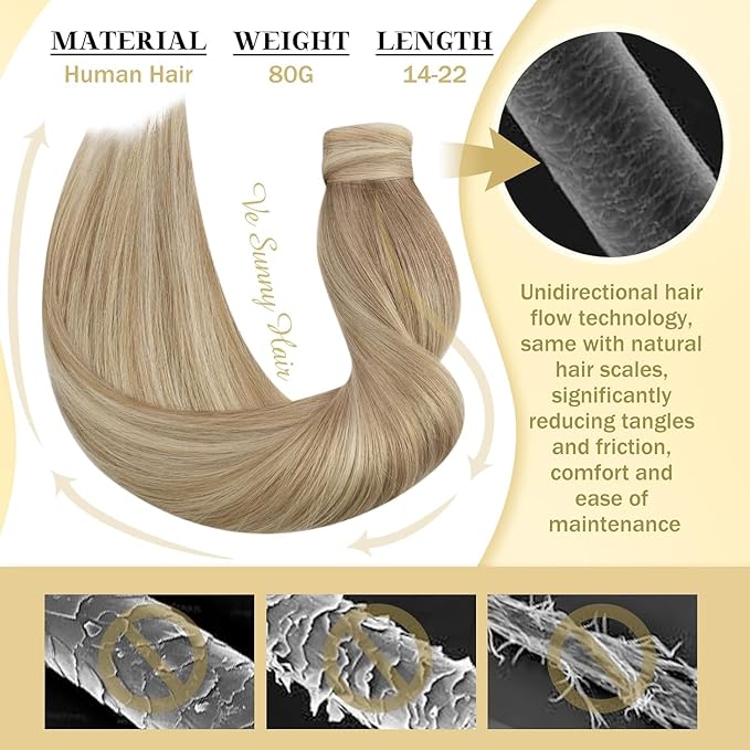 Ve Sunny Hair Extensions Ponytail Real Human Hair Wrap Around Clip in Ponytail Hair Extensions Straight Extensions Human Hair for Women Dark Blonde Highlights Golden Blonde 22inch 80G