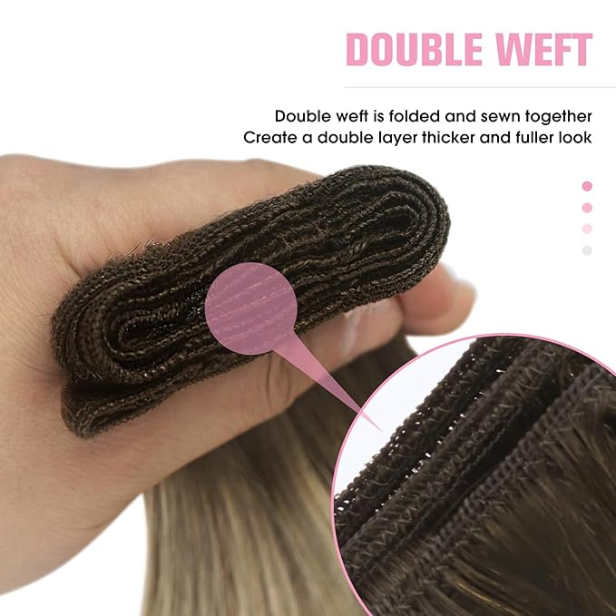 YoungSee Human Hair Weft Extensions Walnut Brown Ombre Light Brown with Blonde Sew in Hair Extensions Balayage Hair Extensions Weft for Natural Look 18Inch 100G