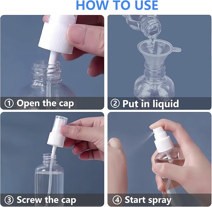 4 Pack 1 Oz (30ml) Mini Spray Bottles Clear Travel Size Spray Bottles Leak Proof with Funnels and Labels