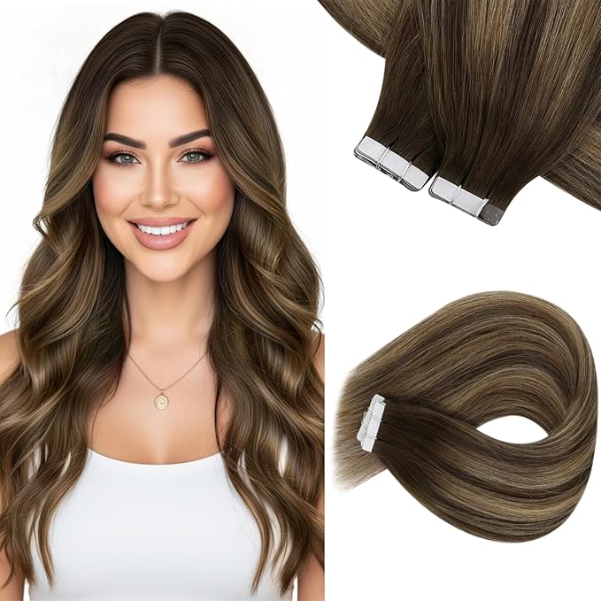 Sunny Hair Tape in Extensions for Women Real Hair 12 inch 60g Tape in Hair Extensions Human Hair Dark Brown Balayage Caramel Blonde Hair Extensions Tape in 40Pcs