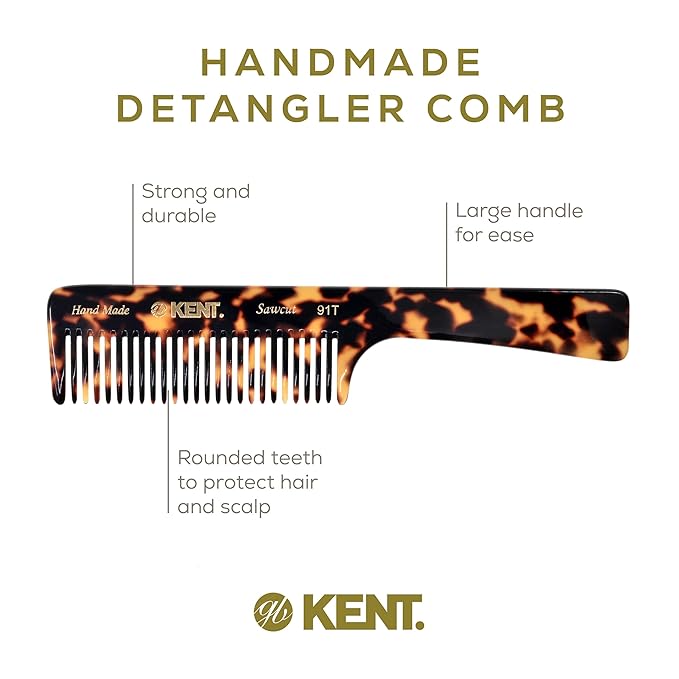 Kent 91T TY Wide Tooth Detangler Hair Comb for Women and Men - for Curly and Wavy Hair - and Wet Hair Comb, Large Handle Wide Tooth Shower Comb for Effective Detangling, Saw-Cut Handmade and Polished