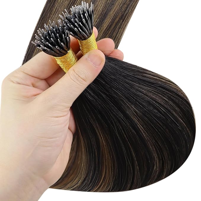 YoungSee Nano Ring Hair Extensions Human Hair Brown Nano Hair Extensions Human Hair Brown With Dark Browns Balayage Nano-Link Hair Extension Balayage 16in Nano-Loop Hair Extension 50s 50g