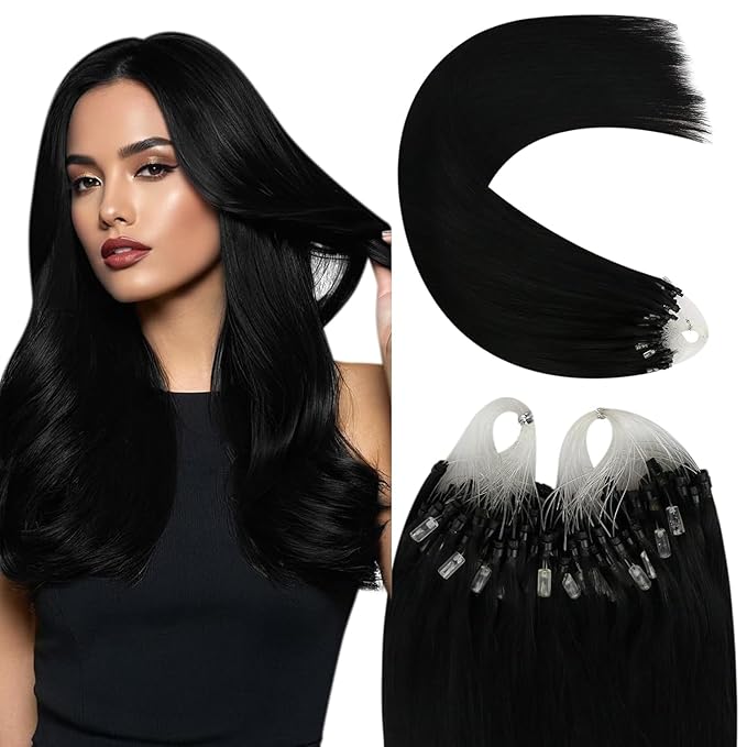YoungSee Micro Bead Hair Extensions Real Human Hair Black Microlink Hair Extensions Human Hair Jet Black Microbead Hair Extension 16 Inch 50s/50g Micro Ring Hair Extensios #1 for Wedding